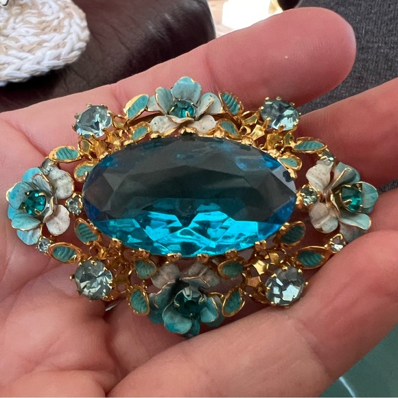 Vintage Large Signed Made In Austria Crystal Blue Enamel Flowers Brooch Pin - Picture 4 of 6